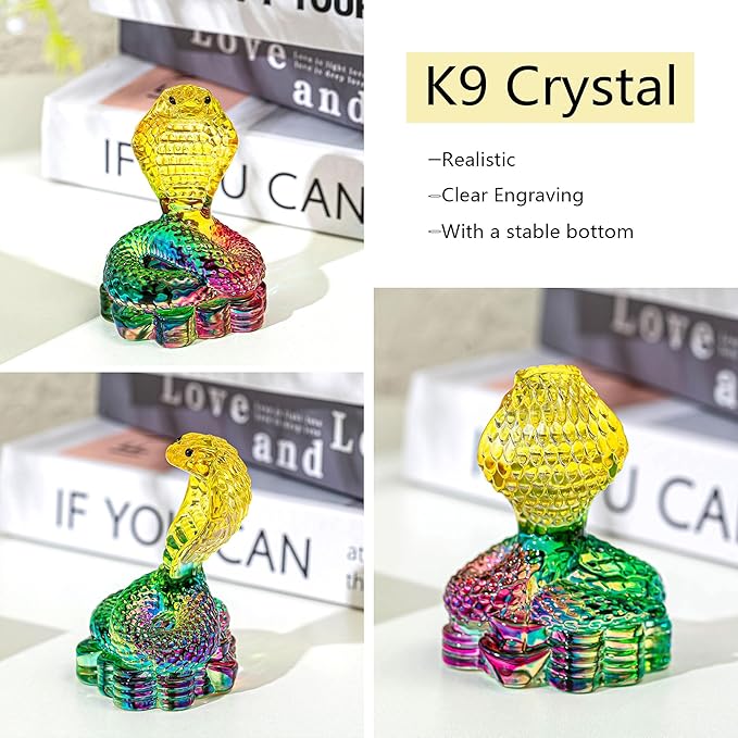 HDCRYSTALGIFTS 3.5 Inch Crystal Snake Figurine Collectible Modern Art Glass Cobra Statue Handmade Chinese Zodiac Animal Sculpture Ornament New Year Decor