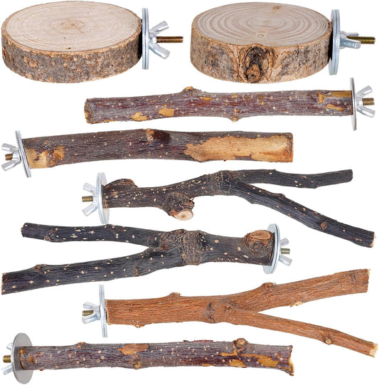 Libiline 8 Pieces Bird Perch Natural Wooden Parrot Perch Stand Fork Toys Hanging Multi-Branch Perches Platform Hammock Swing Toy for Macaws, Small Parakeets, Conures, Budgies, Finches (A-Color, Mix)