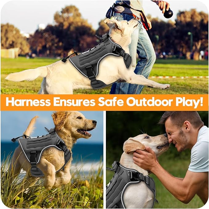 Heavy-Duty Tactical Dog Harness for Large Dogs, No Pull Adjustable Reflective Pet Vest with Molle System, K9 Military-Grade Control for Service Training, Outdoor & 10+ Breeds, Gray, Large