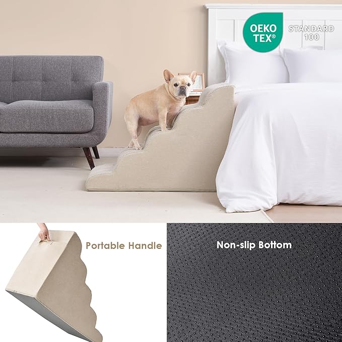 EHEYCIGA Curved Dog Stairs Ramp for High Beds, 5-Step Extra Wide Dog Steps for Small Dogs and Cats, Pet Stairs for High Bed Climbing, Non-Slip Balanced Pet Step Indoor, Beige