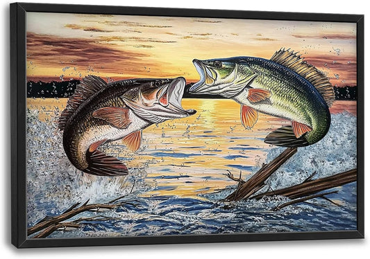 Large Fish Wall Art for Living Room, Framed Bass Fishing Wall Decor, Oversized Rustic Sunset Lake Canvas Painting Fish Pictures Modern Artwork Home Decoration for Living Room Bedroom Office 36"x24"
