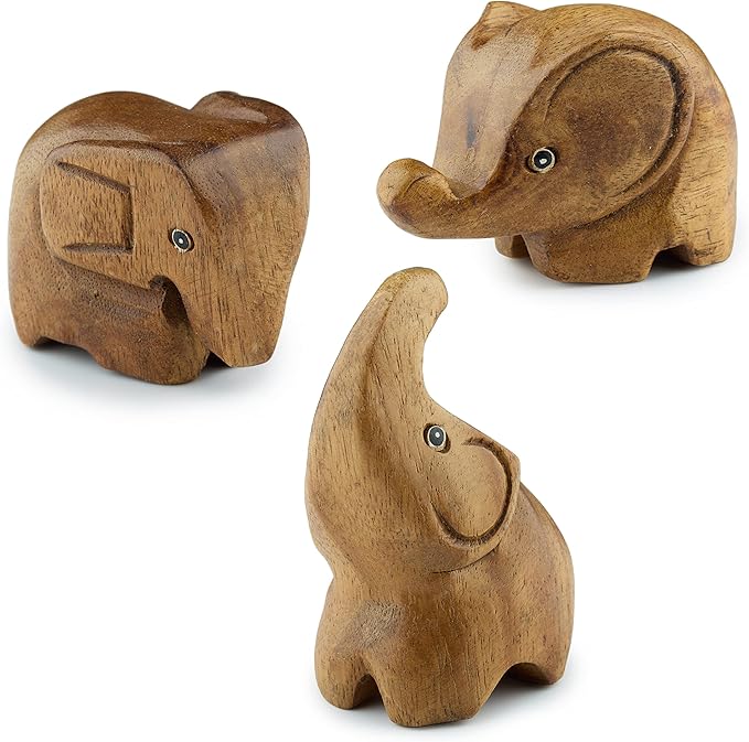 3 Elephant Figurines Centerpiece - Cute Decor and Gifts for Women - Wood Statue Home Sculpture - Bathroom and Office Decorations