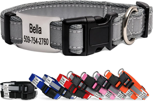 GoTags Reflective Personalized Dog Collar with Nameplate, Adjustable Dog Collar with Custom Engraved Steel Slide On Pet ID Tag, Silent, No Noise Dog Tag for Large Medium or Small (Light Gray, Small)