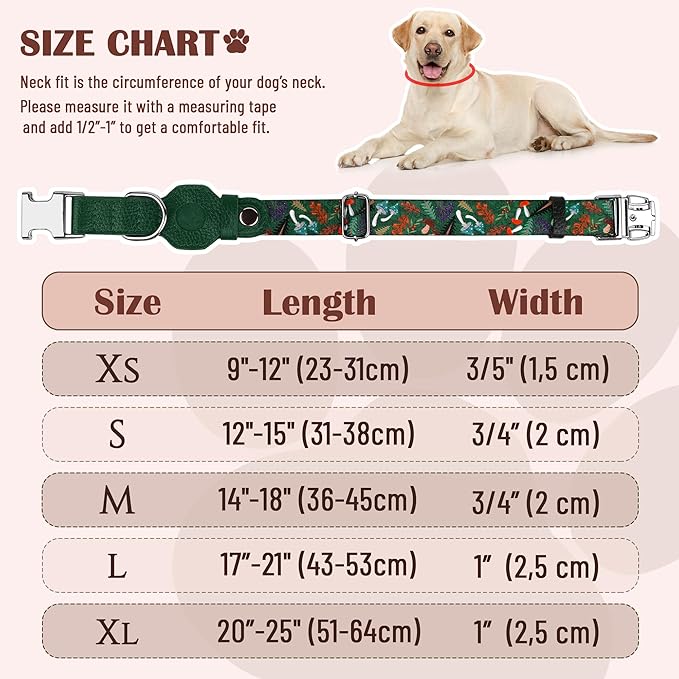 AirTag Dog Collar for Small Medium Large Breed - Adjustable Cute Pattern Dog Collar with Airtag Holder - Soft Leather Tracker GPS Apple Air Tag Pet Collars (Large, 17"-21" Neck Fit, Mushroom)
