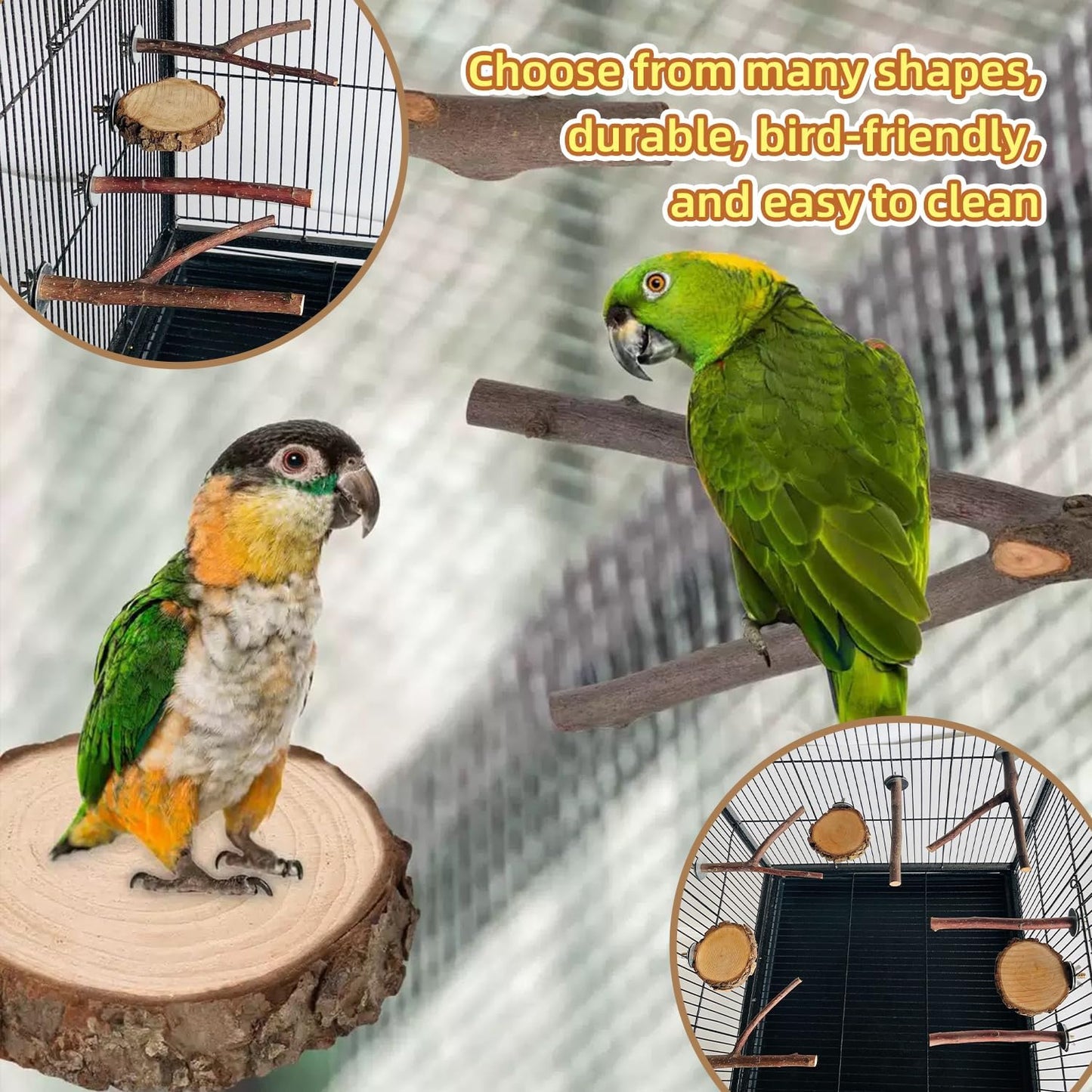8-Piece Set Natural Wood Bird Perches - Wooden Parrot Stand with Fork Toys, Hanging Multi-Branch Platform, Hammock Swing - Suitable for Parakeets, Budgies - Durable Pet Bird Accessories