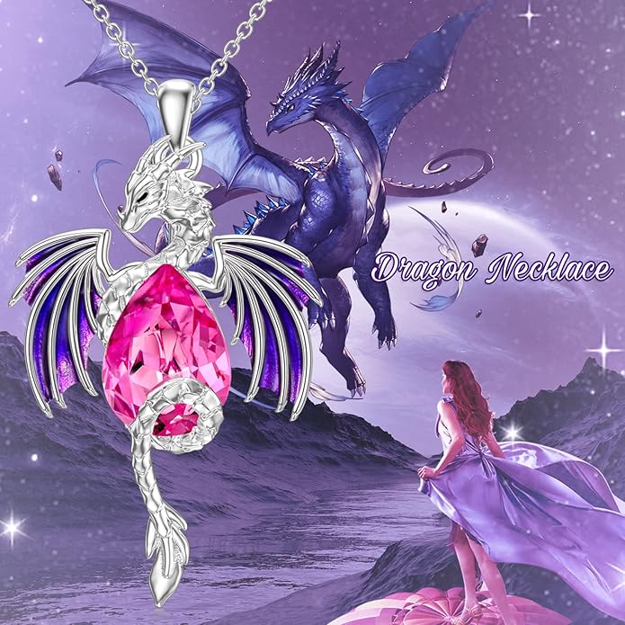 Dragon Necklace for Men Sterling Silver Birthstone Wyvern Necklace Embllished with Teardrop Shaped Crystal Jewelry for Women