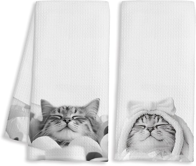Funny Cat Decor Bathroom Hand Towels, Cat Lover Mom Lady Gifts, Cute Cats Kitty Bathrobe and Toilet Paper Decorative Hand Towels for Kids Bathroom Washroom Restroom, 16x24 Inch Set of 2