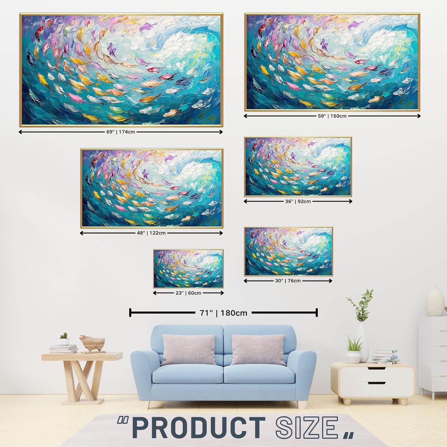 Fish Canvas Wall Art, Abstract School of Fish Canvas Wall Art, School of Fish Painting Canvas, School of Fish Wall Art, Fish Wall Decor, Fish Pictures Wall Decor, Bedroom Canvas Wall Decor (Gold Framed, 36"x20" | 92x52cm)