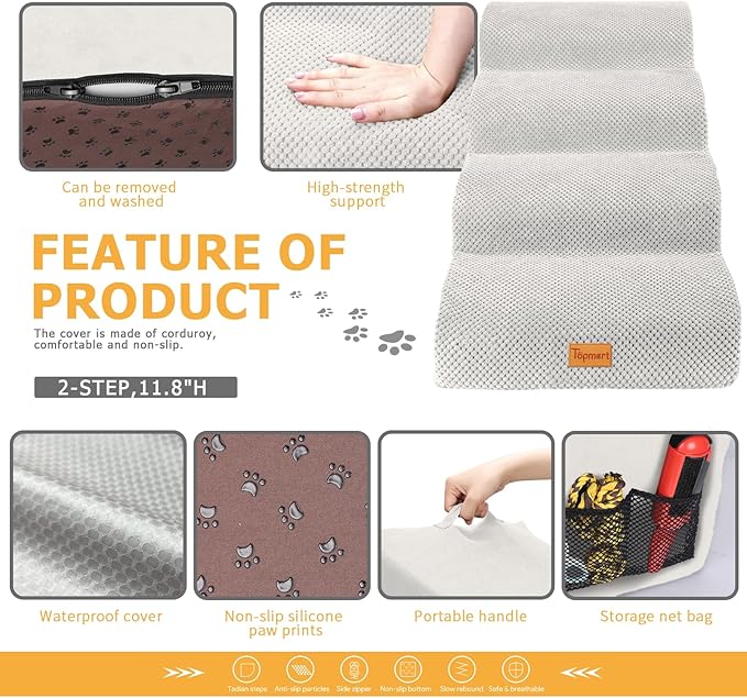 Topmart High Density Foam Dog Steps 4 Tiers,Extra Wide Deep Pet Steps,Non-Slip Dog Stairs Ramp for Bed,Soft Foam Cat Ladder,Best for Older Injured,Older Pets,Cats with Joint Pain