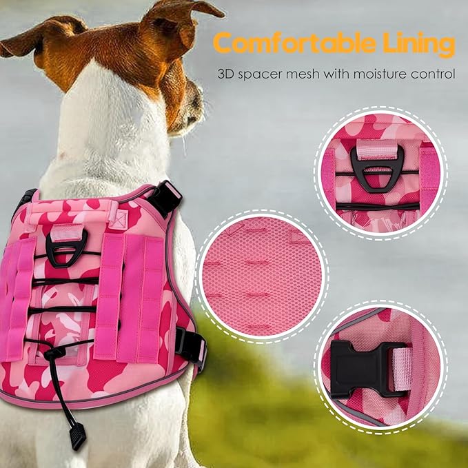 Heavy-Duty Tactical Dog Harness for Large Dogs, No Pull Adjustable Reflective Pet Vest with Molle System, K9 Military-Grade Control for Service Training, Outdoor & 10+ Breeds, Pink Camo, X-Large