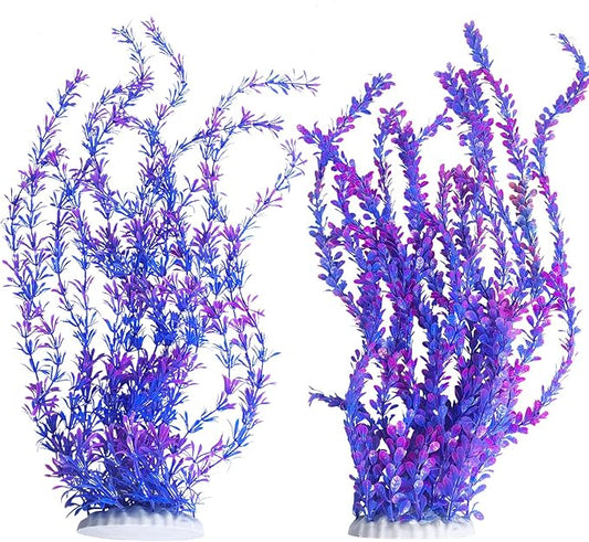 Hamiledyi Aquarium Plastic Plants Aquarium Decor Artificial Fish Tank Plants,Tall Fish Tank Decorations, Extra Large Aquarium Plant 23.6-inch Tall,2PCS（Purple Style B）
