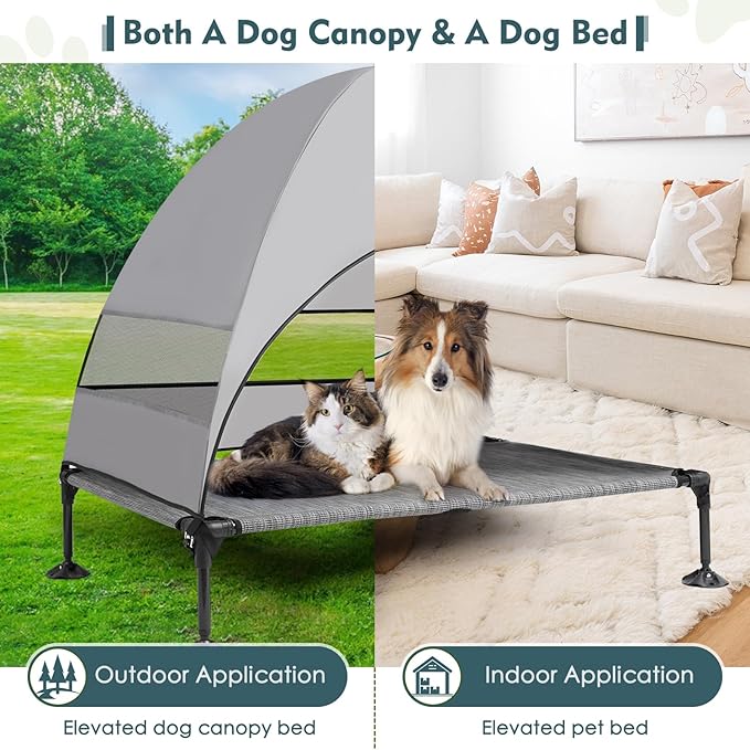 Upgraded Elevated Dog Bed with Canopy, Portable Raised Outdoor Dog Bed with Stable Anti-Slip Feet, Wider Shade Pet Bed Cot, Raised Dog Beds for Large Dogs Camping, Indoor & Outdoor Use