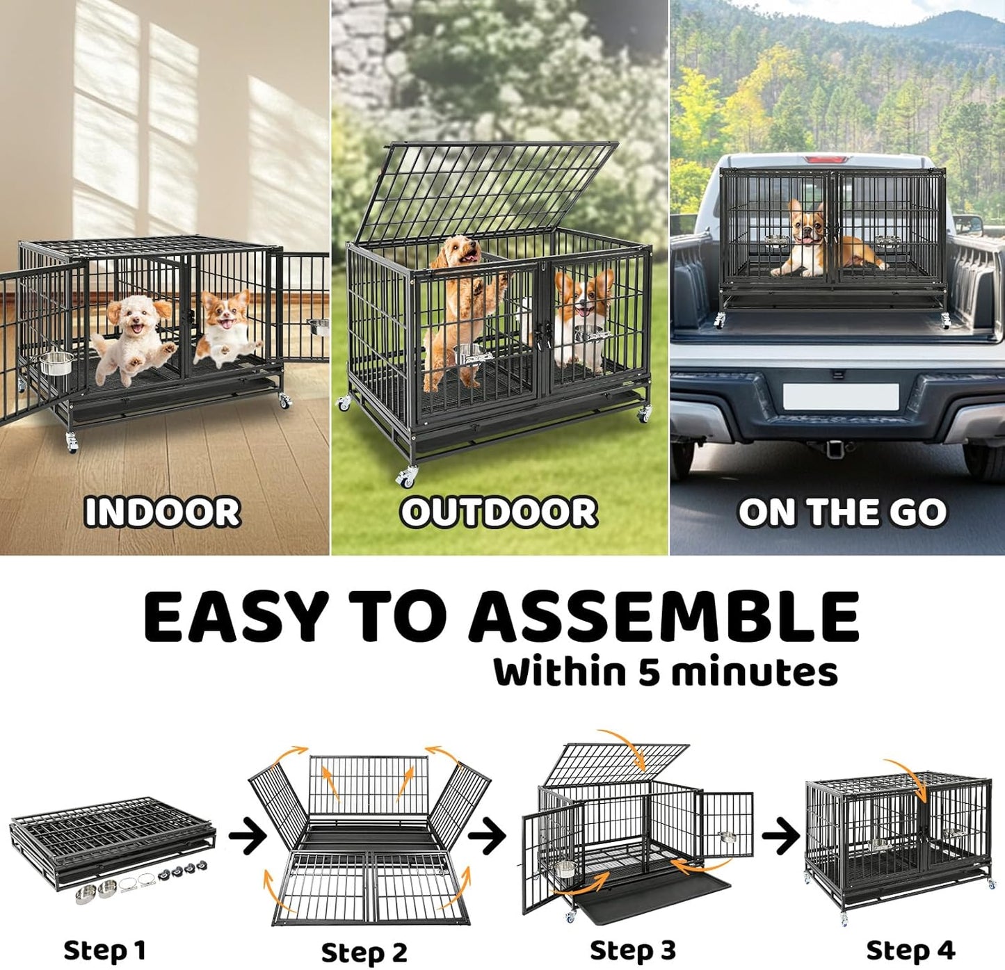 Homey Pet Three Tiers 43 inch Heavy Duty Dog Crate with Wheels, Stackable Indestructible Steel Dog Cage Kennel Indoor with Divider, Trays, Bowls, Escape Proof Locks for Breeder and More