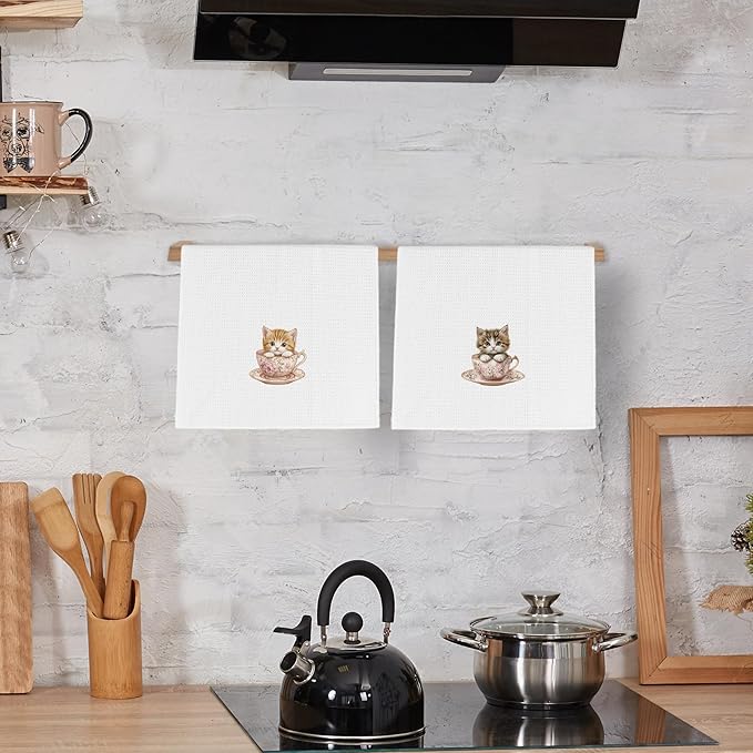 Vintage Floral Cats Kitchen Dish Towels 16x24 Inch Set of 2, Cat Tea Cup Gift for Cat Lover, Cute Pet Dish Towel, Flower Decorative Hand Tea Towels for Bathroom Cooking