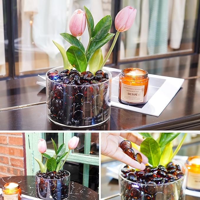 2LB Amber Flat Glass Marbles for Vases, Gemstone Beads Vase Filler Decorative Glass Pebbles for Fish Tank, DIY Crafts, Autumn Centerpieces, Aquarium Decor Rocks