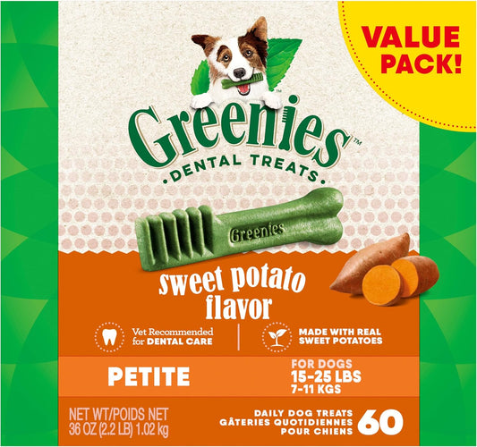 Greenies Petite Dental Dog Treats, Sweet Potato Flavor, 36 oz. Pack (60 Treats)