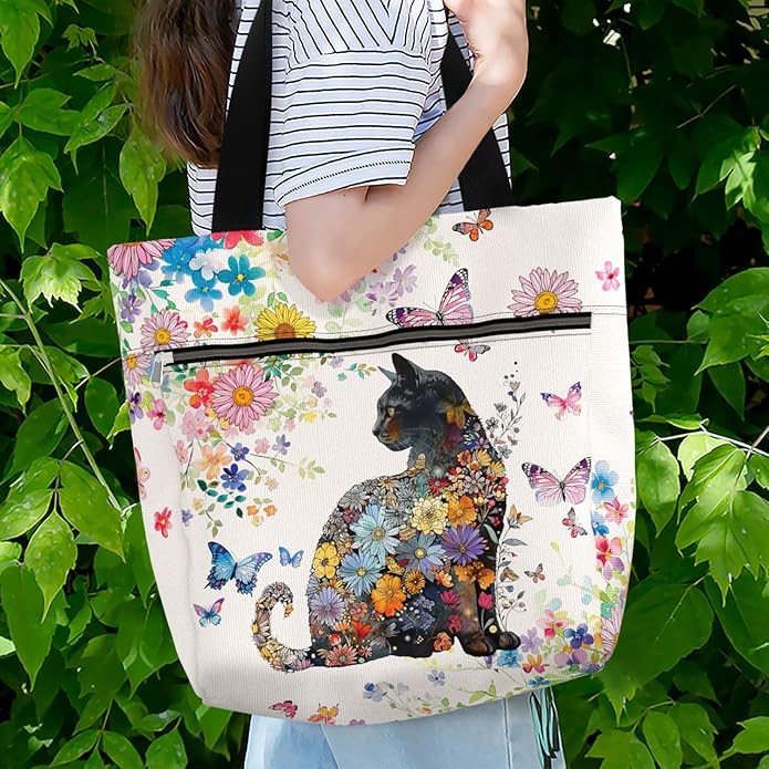 Waterproof Tote Bag with Pockets and Zipper for Work. Shoulder Bag for Women. Gift for Cat Lover Cat Owner.