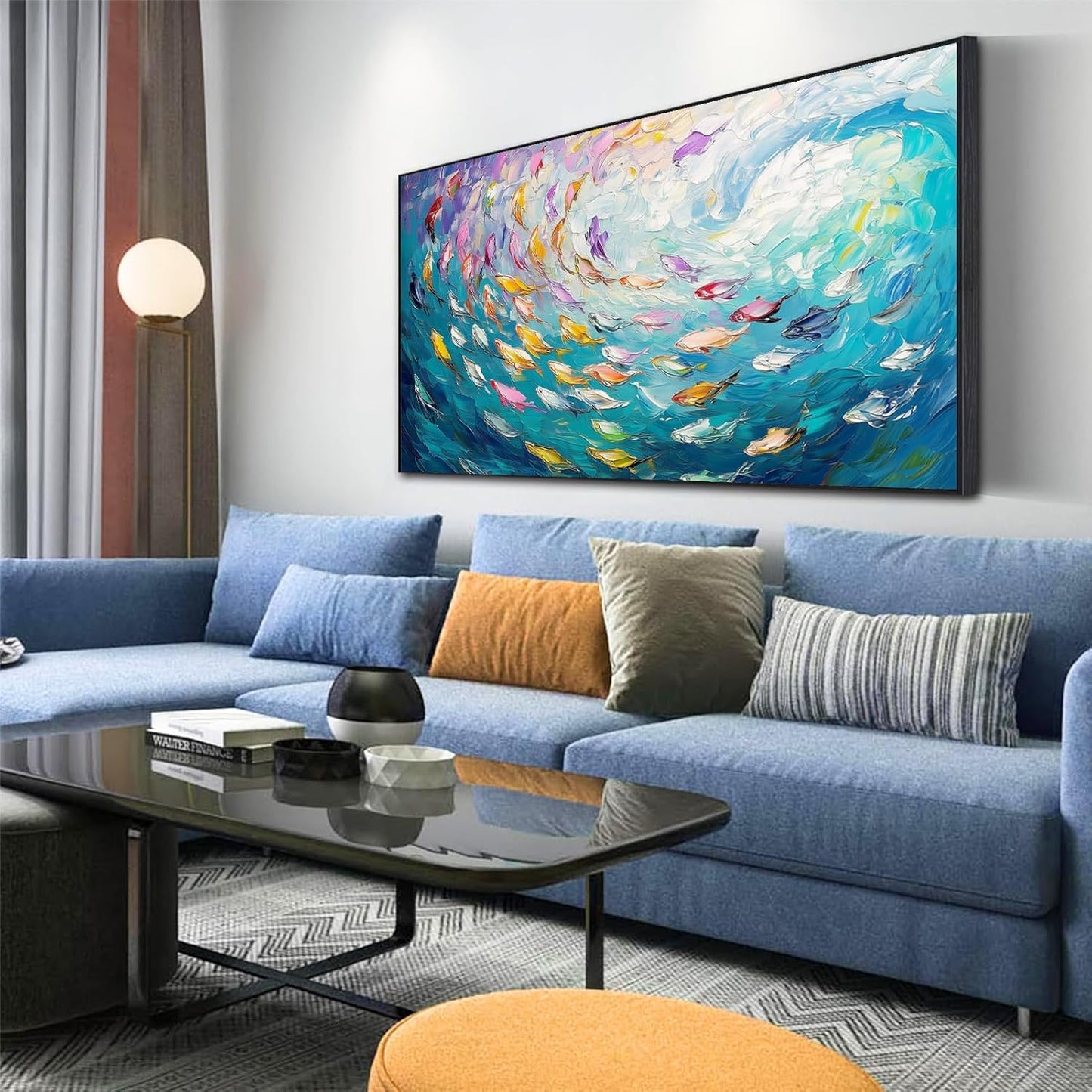 Fish Canvas Wall Art, Abstract School of Fish Canvas Wall Art, School of Fish Painting Canvas, School of Fish Wall Art, Fish Wall Decor, Fish Pictures Wall Decor, Bedroom Canvas Wall Decor (Gold Framed, 69"x39" | 174x98cm)