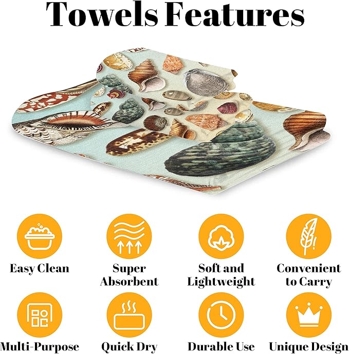 Vintage Seashells 3 Piece Towel Bathroom Sets, 1 Bath Towel, 1 Washcloth, 1 Hand Towel, Cotton Fast Dry Soft Absorbent Towel Set for Home Kitchen Family