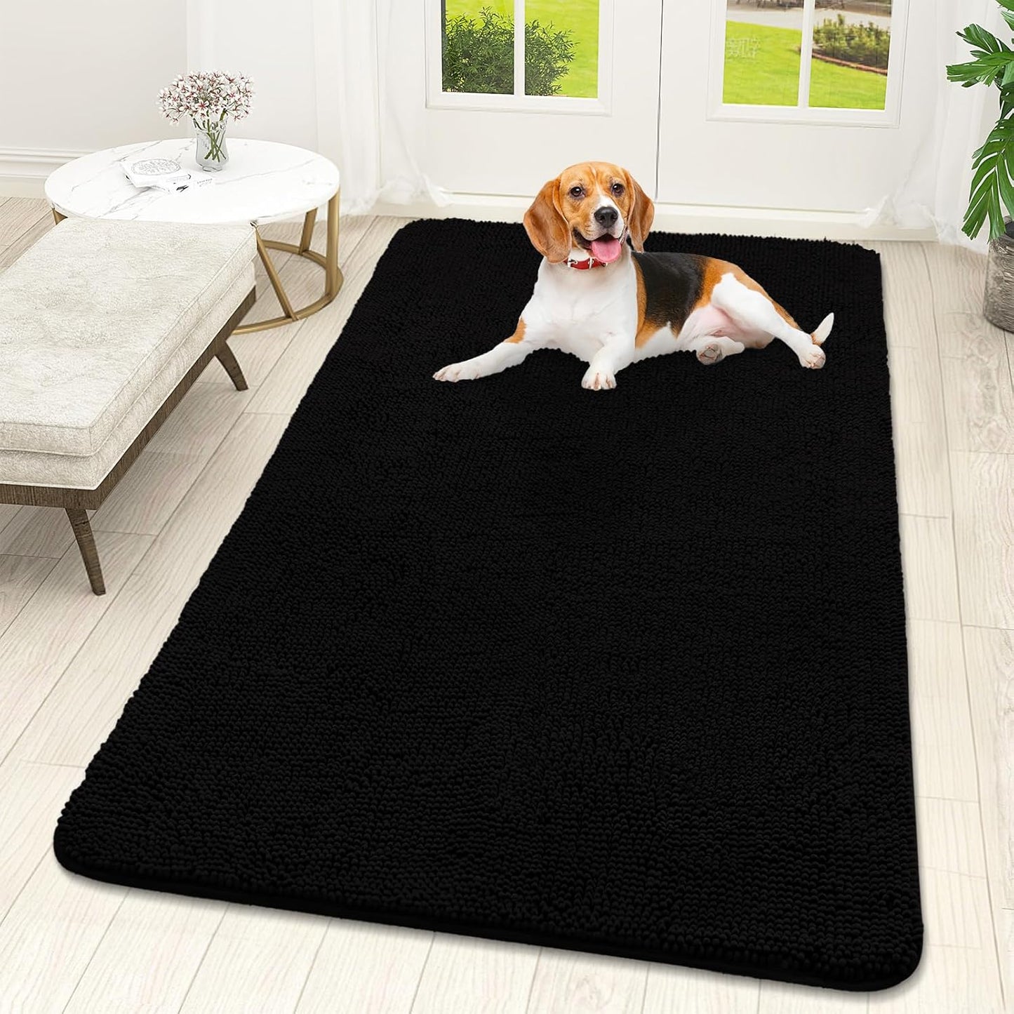 OLANLY Dog Door Mat for Muddy Paws 59x32, Absorbs Moisture and Dirt, Absorbent Non-Slip Washable Doormat, Quick Dry Chenille Mud Mat for Dogs, Entry Indoor Entryway Carpet for Inside Floor, Black