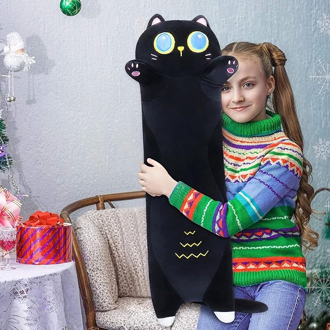 Long Black Cat Plush Pillow,35.5" Large Black Cat Stuffed Animal,Weighted Cat Plush,Cuddly Sleeping Hugging Stuffed Animal, Giant Cute Body Pillow,Plush Toy Gift at Birthday Kids Adults