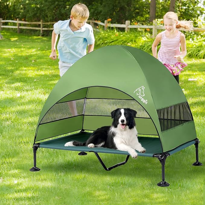 Upgraded Elevated Dog Bed with Canopy, Portable Raised Outdoor Dog Bed with Stable Anti-Slip Feet, Wider Shade Pet Bed Cot, Raised Dog Beds for Large Pets Camping, Indoor & Outdoor Use