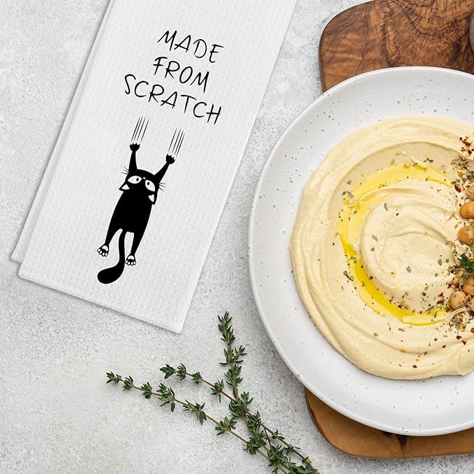 Funny Kitchen Dish Towels, Made from Scratch Dishcloths, Trendy Kitchen Decor, Funny Black Cat Hand Towel Gifts for Cat Lovers, Cute Housewarming Gifts for Women Hostess Housewife Friend