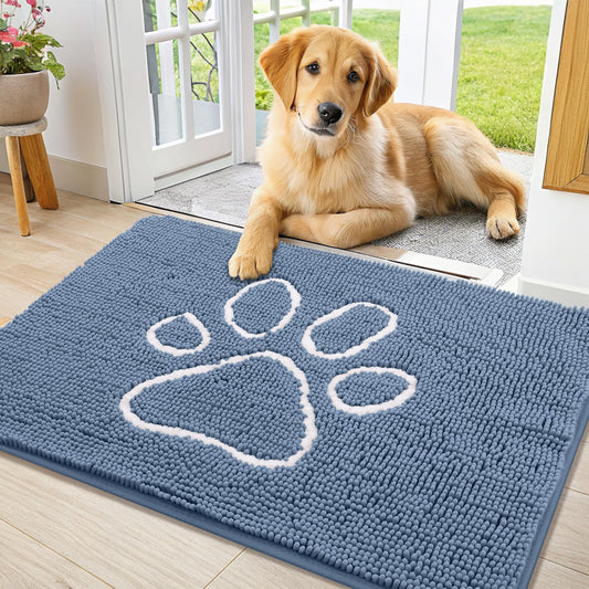Smiry Dog Door Mat for Muddy Paws, Absorbent Dirt Trapper Non Slip Quick Dry Washable Chenille Mat for Mud Dogs, Entry Rug for Indoor and Outdoor (36x24 Inches, Airy Blue and White)