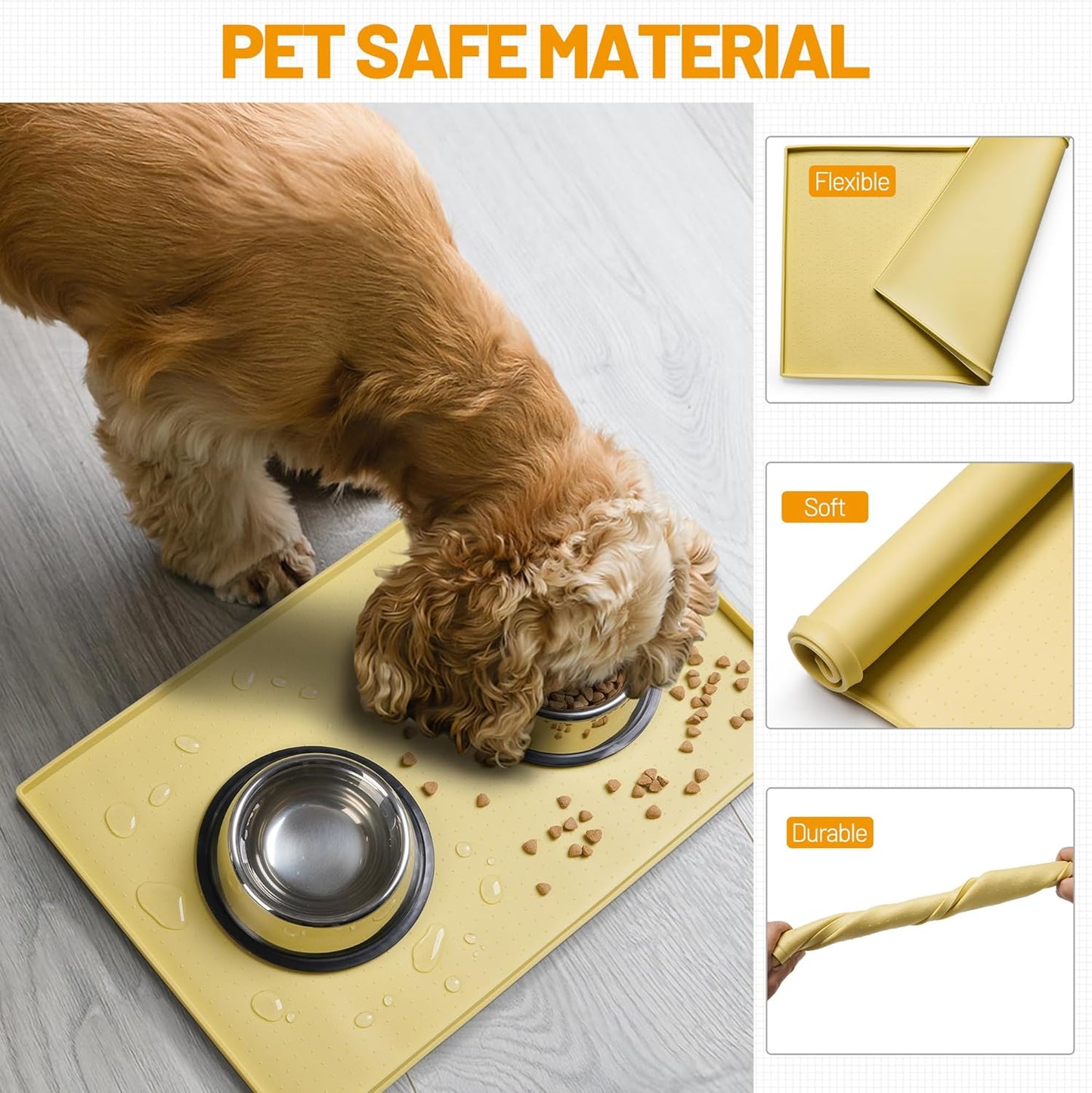 Hubulk Dog Feeding Mat,100% Waterproof Food Grade Silicone Pet Food and Water Bowl Placemat,Dishwasher, High Raised Edge to Prevent Spills,Nonslip Tray to Stop Messes on Floor (32"x24"x1.0", Yellow)