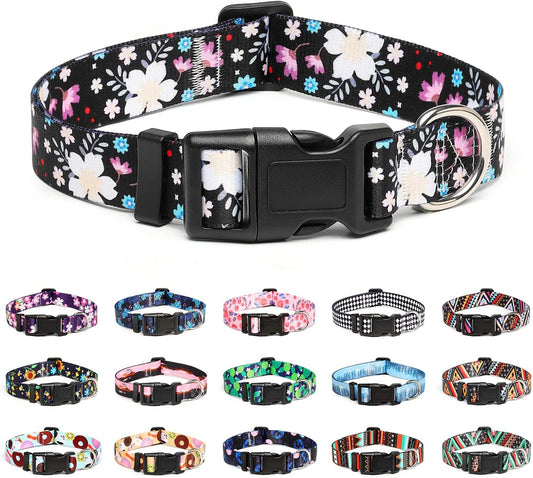 Mercano Adjustable Dog Collar - Special Design Patterns, Soft Nylon Comfortable Durable Pet Collar for Small Medium Large Dogs (S, Floral White)