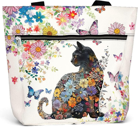Waterproof Tote Bag with Pockets and Zipper for Work. Shoulder Bag for Women. Gift for Cat Lover Cat Owner.
