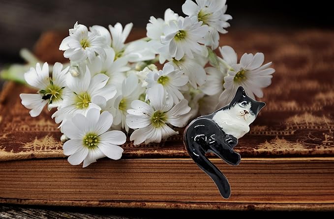 WitnyStore Tiny 1⅜" Black White Tuxedo Shorthair Cat Sleeping Tail Hang Off Figurine - Miniature Hand Made Ceramic Cats Kitten Feline Animal Cute Porcelain Decorative Collectible Figures Décor Gifts