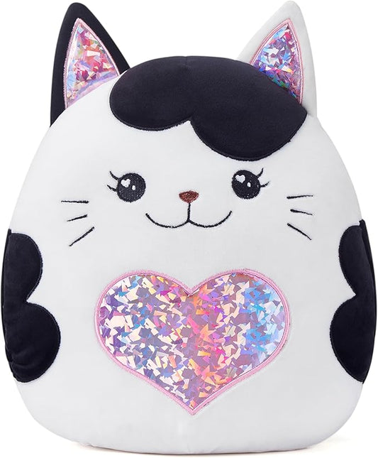 Large Cat Plush Pillow Stuffed Animal Toy,with Heart Big Size Cute Soft 13" Fat Kawaii Hugging Cuddle Huggable Adorable Plushie,Gift for Kids