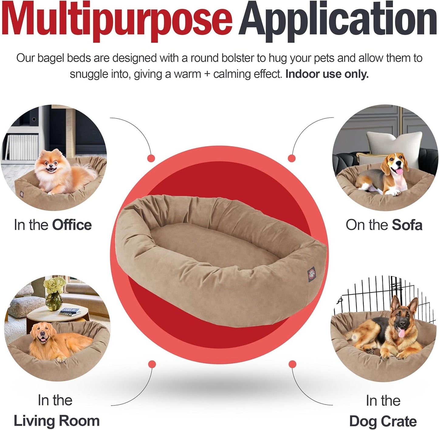 Majestic Pet 40 Inch Suede Shredded Memory Foam Mix Calming Large Dog Bed Washable 40 x 29 x 9 (Inch) - Cozy Soft Round Donut Dog Bed with Spine for Head Support - Pet Bed Stone