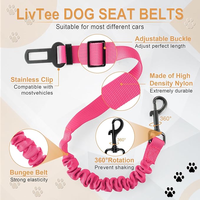 LivTee Dog Seat Belt for Car, Retractable Pet Safety Harness, Adjustable Nylon Dog Seatbelt Leash, Comfortable Dog Accessories for Vehicles (Pink-1PCS)