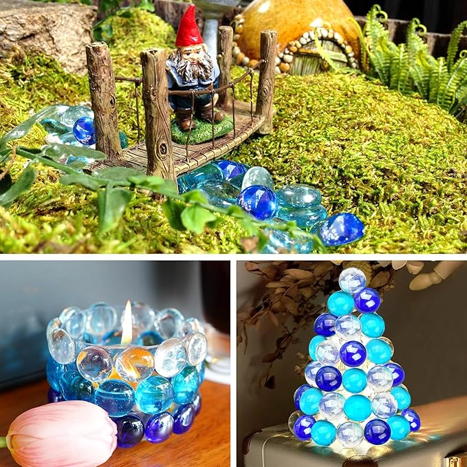 10LB Blue Mix Flat Glass Marbles for Vases, Mancala Stones Gemstone Beads Vase Filler Decorative Glass Pebbles for Fish Tank, DIY Crafts, Aquarium Decor Rocks