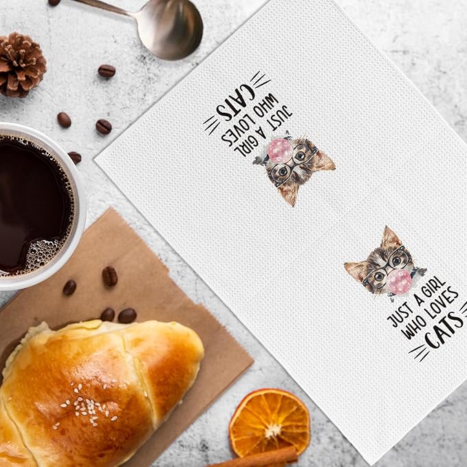 Funny Cat Kitchen Towels and Dishcloths Set of 2, Just a Girl Who Loves Cats Dish Towels, Cat Gifts for Cat Lovers, Cat Kitchen Decor, Cat Hand Tea Towels for Bathroom Kitchen, 16x24 Inches