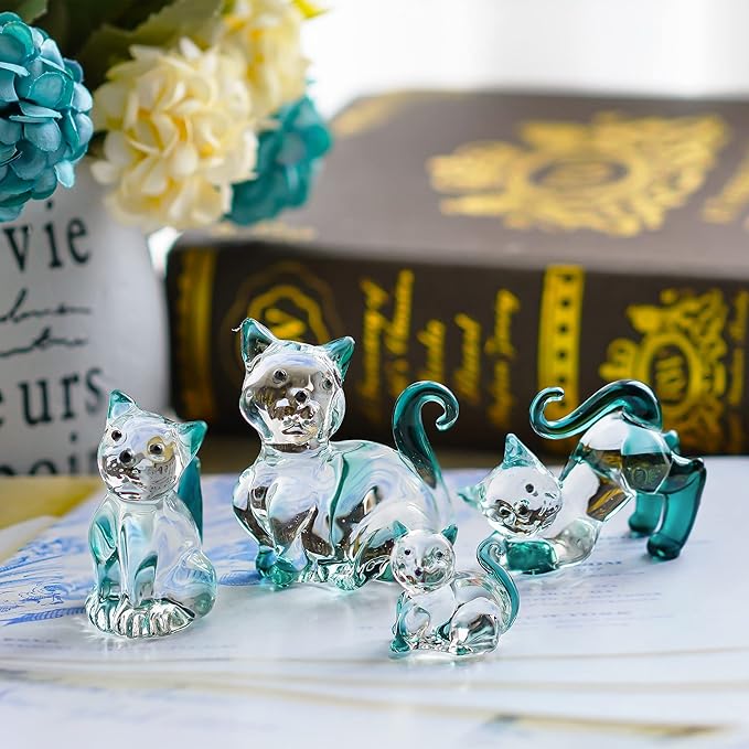 HDCRYSTALGIFTS Blown Glass Cat Figurines Collectibles Pack of 4 Emerald Green Crystal Kitty Animal Statue Kitten Sculpture for Home Decor Gift for Mom