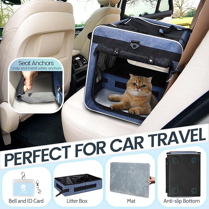 Petskd Extra Large Cat Carrier with Wheels and Litter Box, 24"x17"x17" Rolling Soft Carrier Until 55LBS Pets with 5 Breathable Mesh Windows and Locking Zippers for Long Distance Car Travel(Blue)