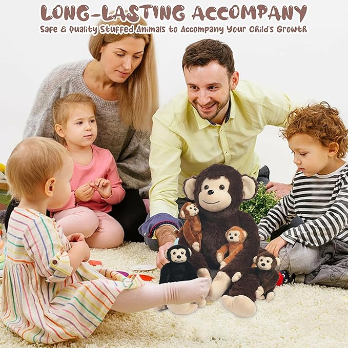 5 PCS Monkey Stuffed Animal, Large Mommy Stuffed Monkey Toy with 4 Baby Monkeys in Zippered Pouch, Huggable Monkeys Plush for Kids Forest Party Decor Christmas Birthday Gifts