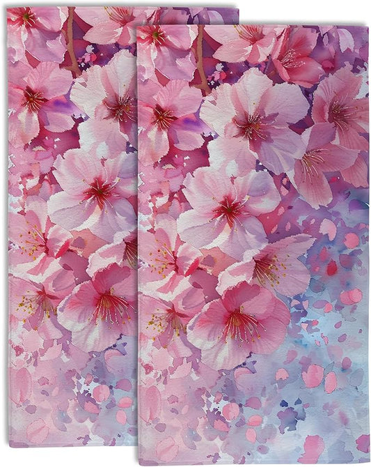 Pink Cherry Blossom Flowers Hand Towel for Bathroom Set of 2,Cherry Blossoms in Full Bloom Bathroom Hand Towel,Soft Absorbent Decorative for Hotel Home Deocr