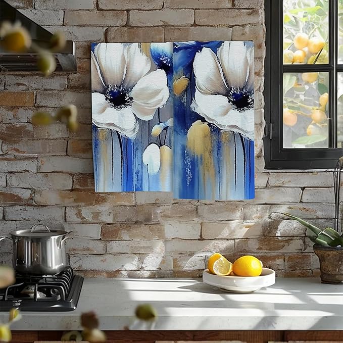Watercolor White Blue Flowers Hand Towel Set of 2,Abstract Oil Painting Floral Soft Absorbent Decorative Bathroom Kitchen Towel for Bathroom Kitchen Hotel Gym Yoga