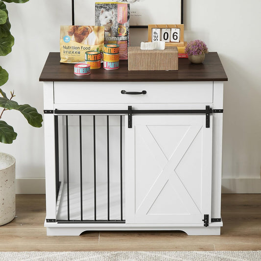 LZUUOB 37.8'' Dog Crate Furniture with Storage Drawer, Decorative Wooden Dog Kennel with Sliding Barn Door, Indoor Water Resistant Cage for Pet, Small, Medium, Large Dog (White)