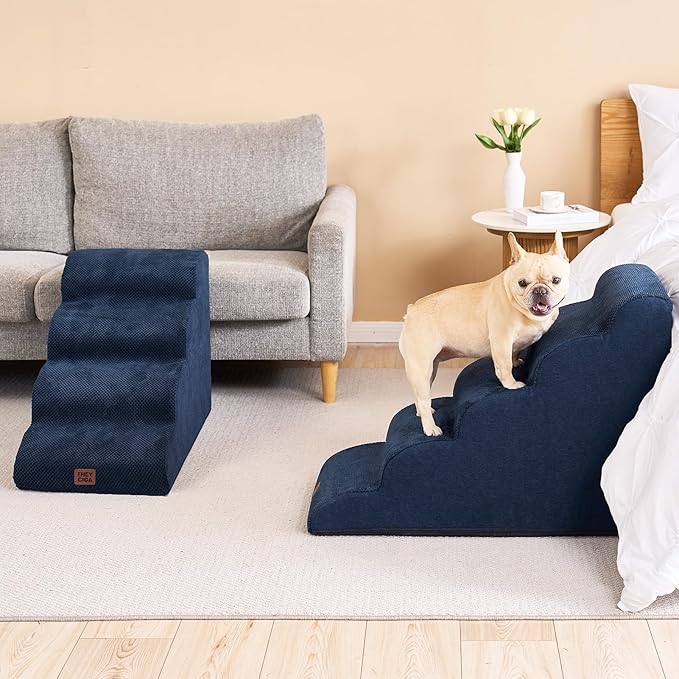 EHEYCIGA Curved Dog Stairs Ramp for High Beds 22.6" H, 5-Step Dog Steps for Small Dogs and Cats, Pet Stairs for High Bed Climbing, Non-Slip Balanced Pet Step Indoor, Navy