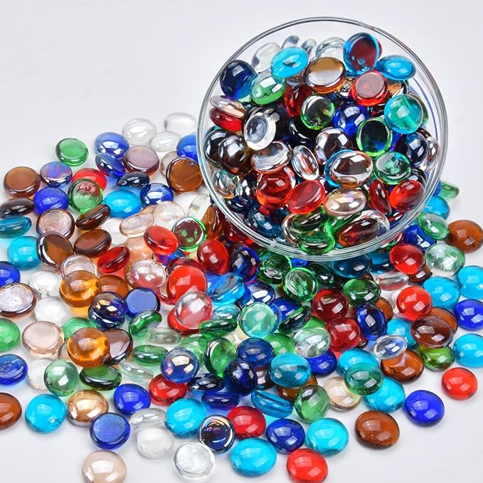 5LB Mixed Color Flat Glass Marbles for Vases, Mancala Stones Gemstone Beads Vase Filler Decorative Glass Pebbles for Fish Tank, DIY Crafts, Mosaics, Aquarium Decor Rocks, Candle Holders