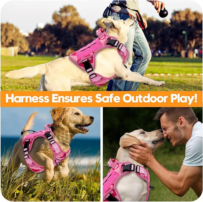 Heavy-Duty Tactical Dog Harness for Large Dogs, No Pull Adjustable Reflective Pet Vest with Molle System, K9 Military-Grade Control for Service Training, Outdoor & 10+ Breeds, Pink Camo, X-Large