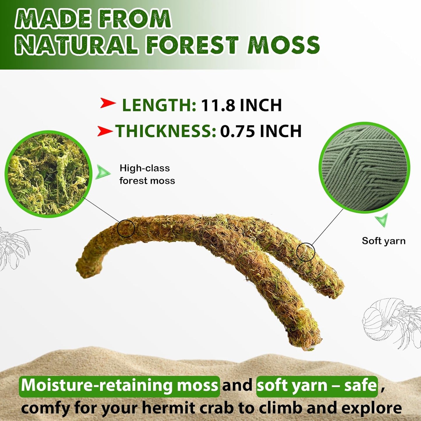 Duspro Hermit Crab Climbing Toys – Y Shaped Flexible Moss Pole Wrapped in Soft Yarn and Forest Moss, Hermit Crab Accessories and Easy-to-Use Hermit Crabs Supplies – Perfect for Climbing (12 inches)