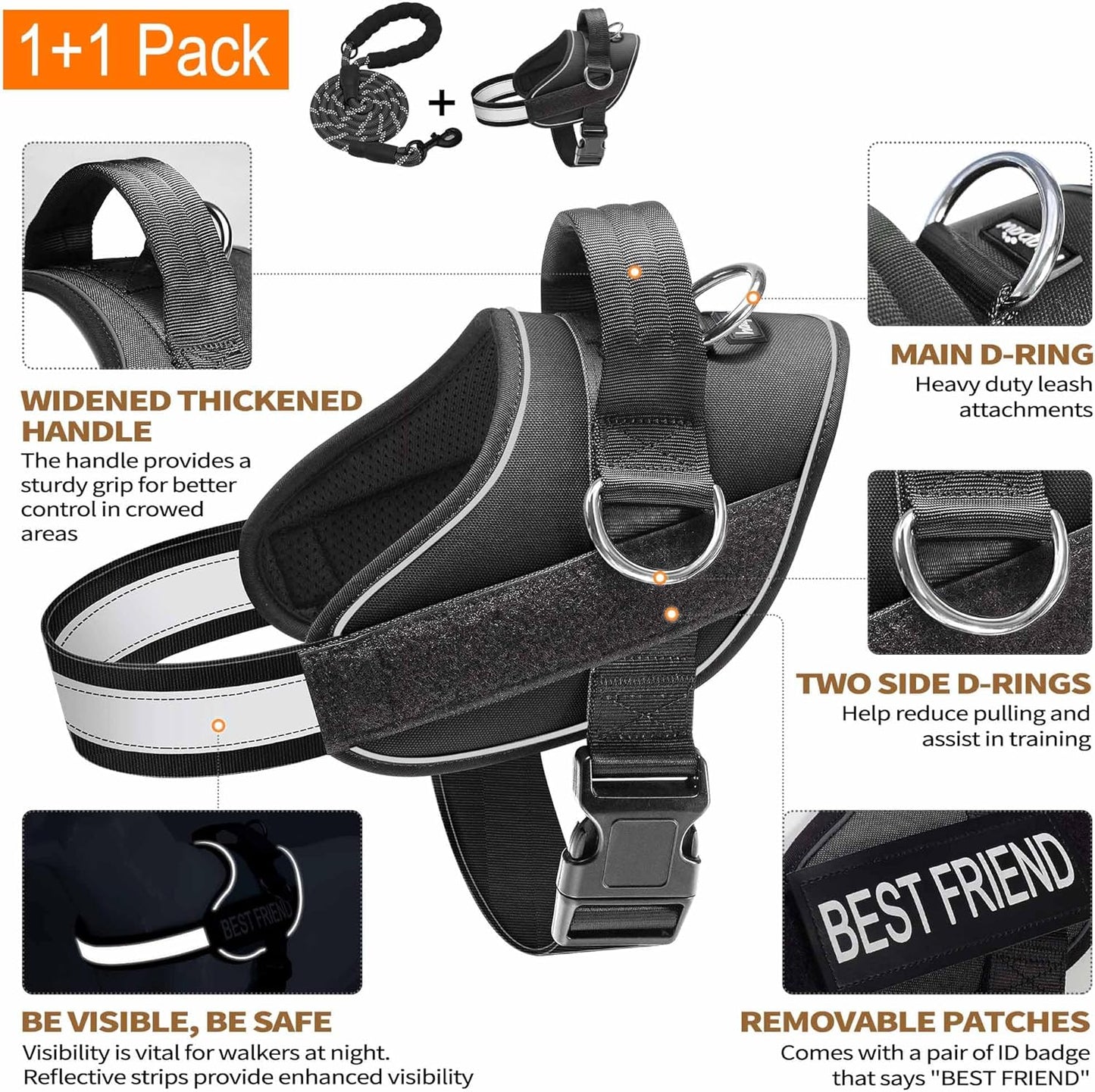 Haapaw Essential Dog Harness, No Pull Pet Vest with 3 Leash Clips, No Choke, Reflective, Adjustable and Padded, for Easy Walking and Training for Small Dogs(S, Black)