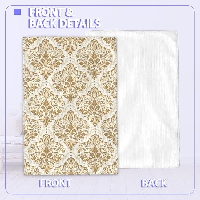 Vintage Damask Hand Towels for Bathroom,Gold Orient Flower Hand Bath Towels Soft Absorbent Dish Towels for Kitchen Bathroom Gym Beach Decorative Towels,Set of 2