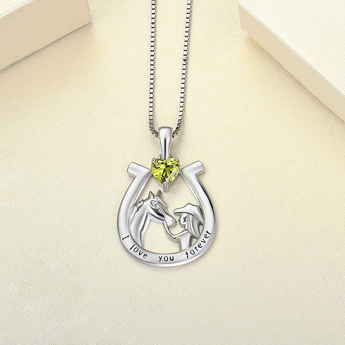 YL Women's Horse Necklace 925 Sterling Silver Horseshoe Pendant Birthstone Animals Jewelry
